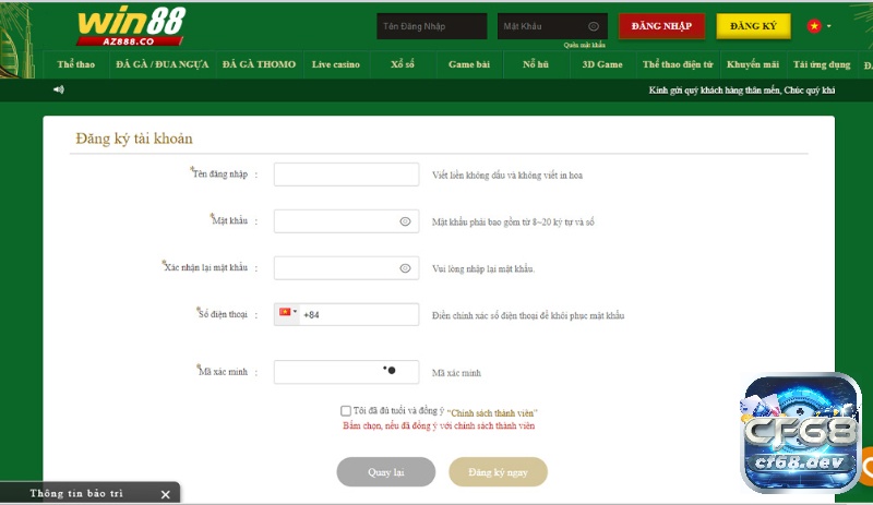 Giao diện đăng ký tài khoản tại win88